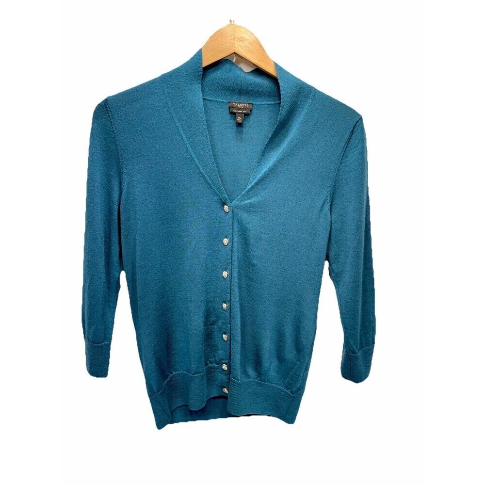 Talbots Women’s Merino Wool Teal Rhinestone Button Cardigan Sweater MP Petite